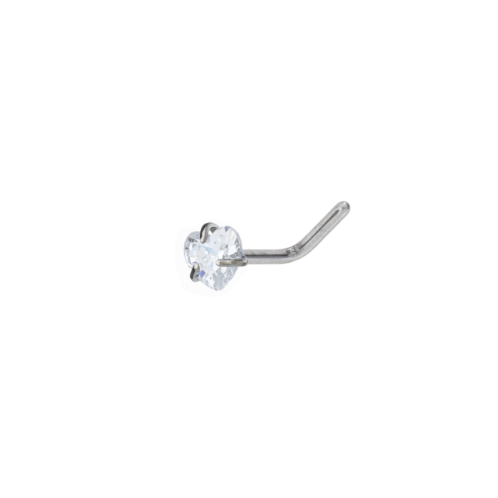 Titanium L Shaped Nose Stud With Heart Prong Set CZ Stone Top