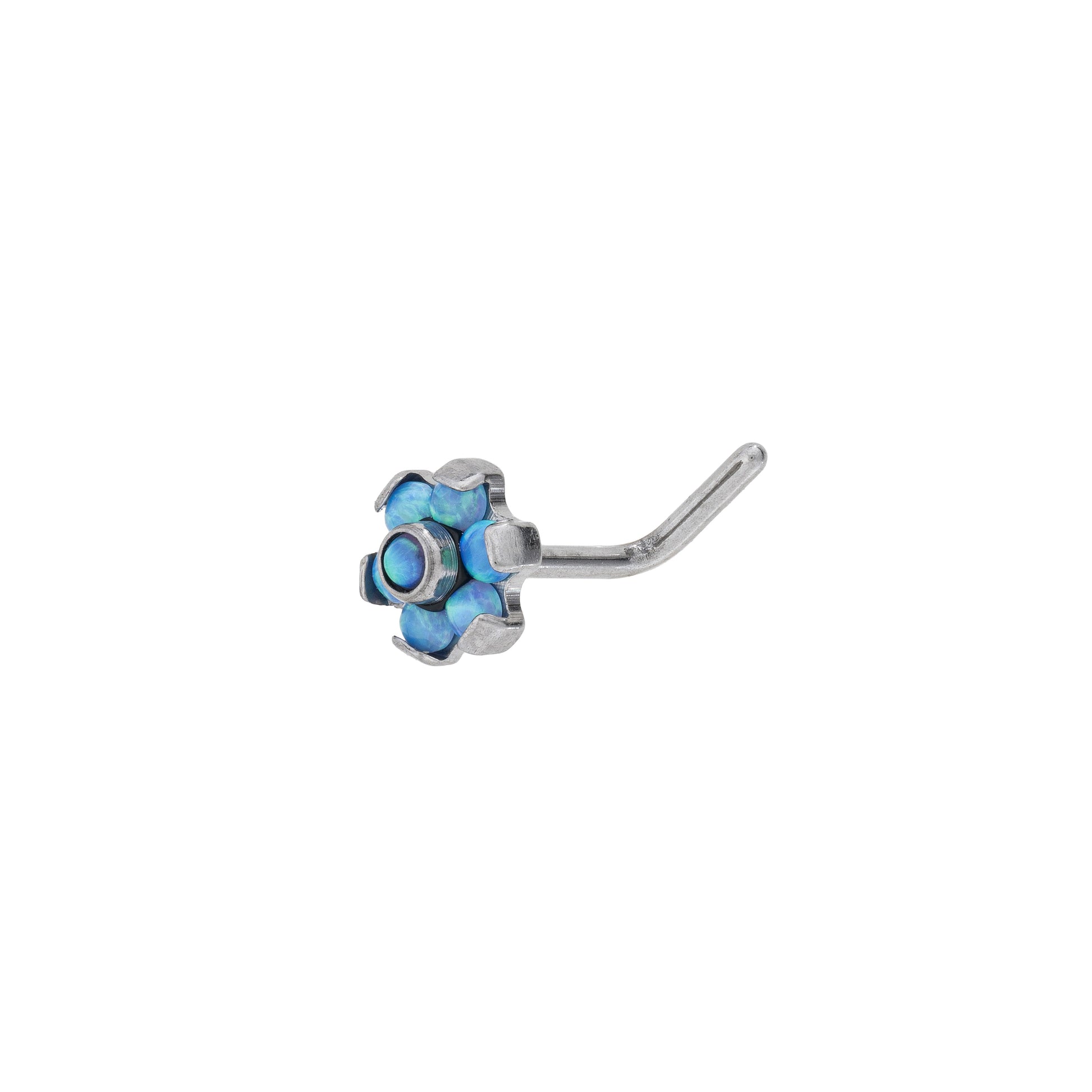 Titanium L Shaped Nose Stud With Prong Set Opal Flower Top