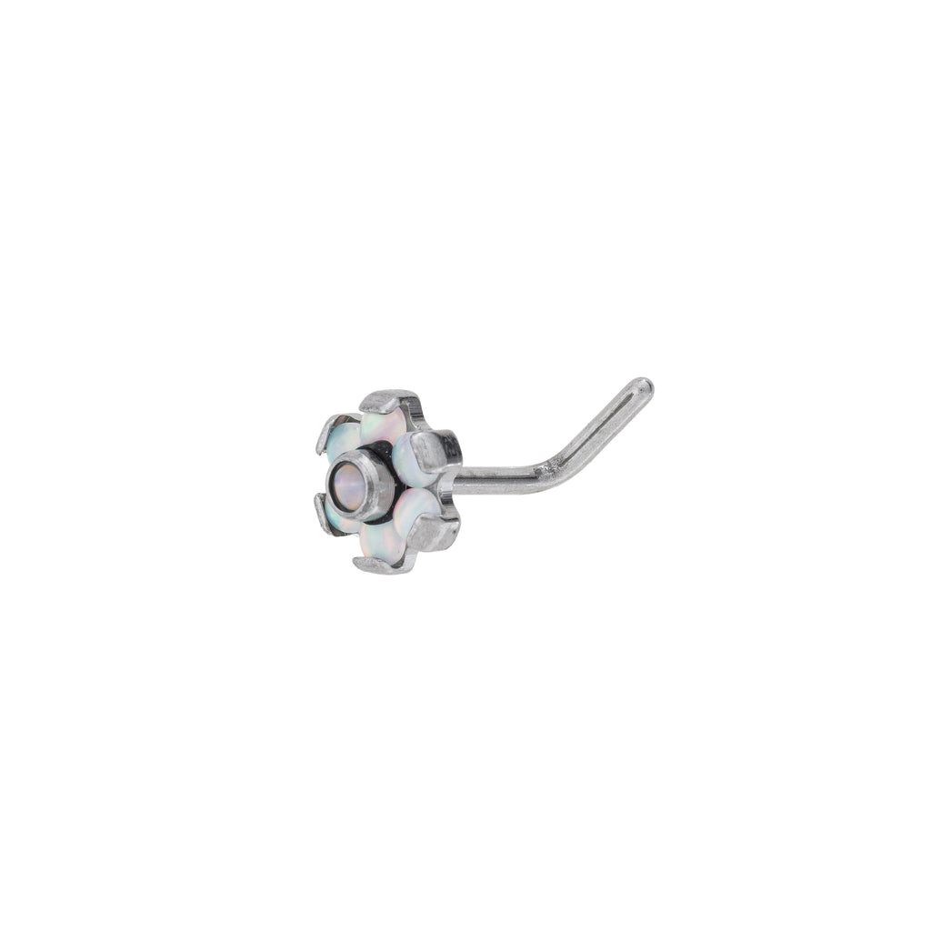 Titanium L Shaped Nose Stud With Prong Set Opal Flower Top