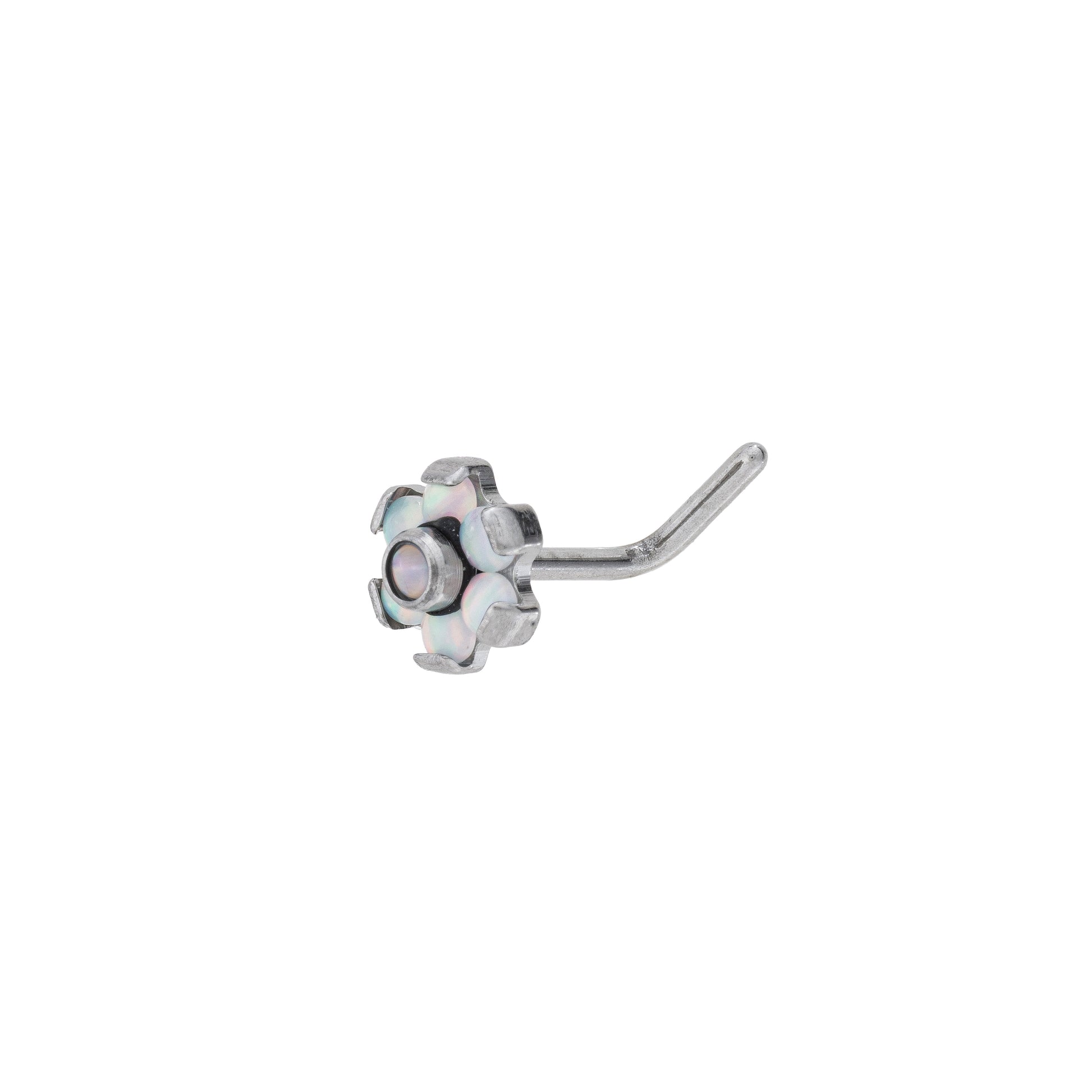 Titanium L Shaped Nose Stud With Prong Set Opal Flower Top