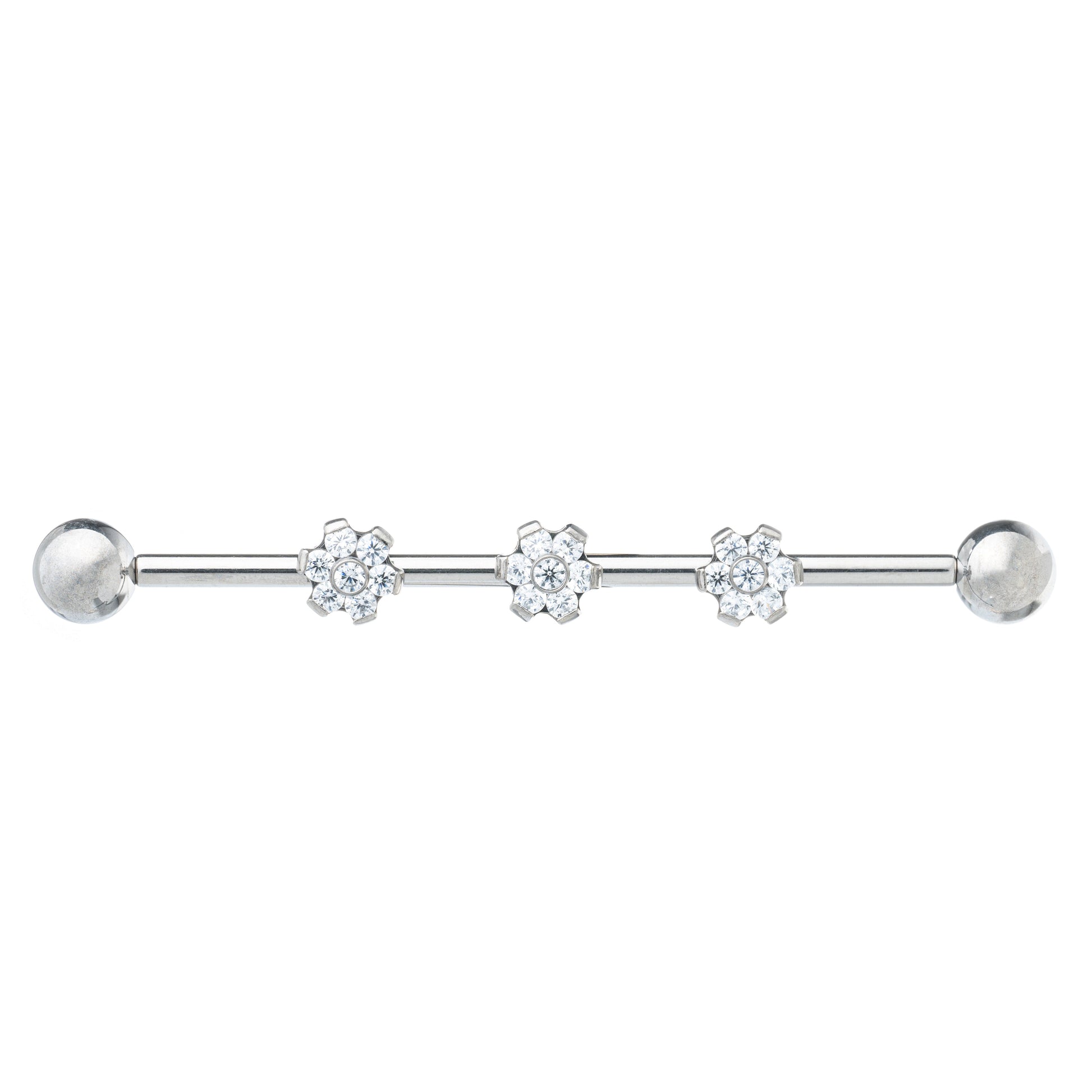 Titanium Internally Threaded Industrial Barbell With Three CZ Stone Flowers